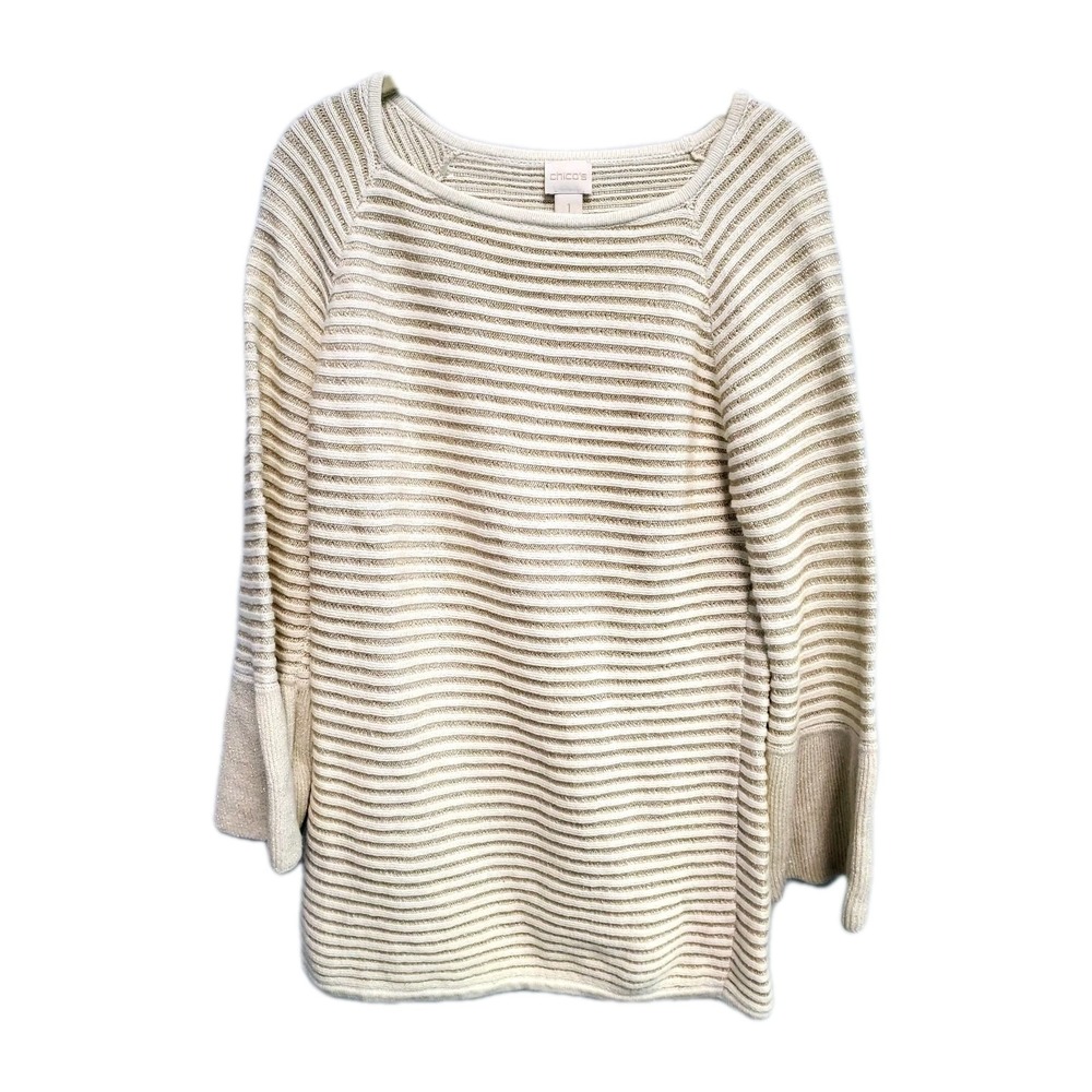 Chicos Women's Size 1 (M-8) Ivory Gold Metallic Bell Sleeve Striped Knit Sweater